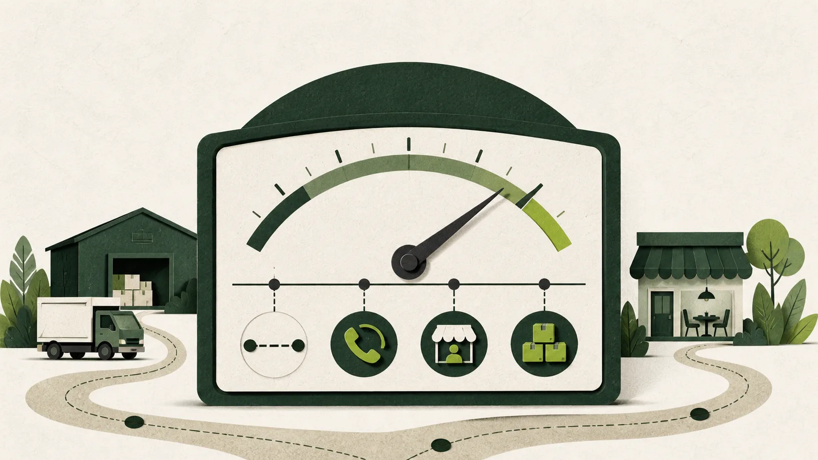 Ilustração editorial de um painel conceitual para acompanhar a reativação de clientes entre uma distribuidora e uma operação de alimentação.