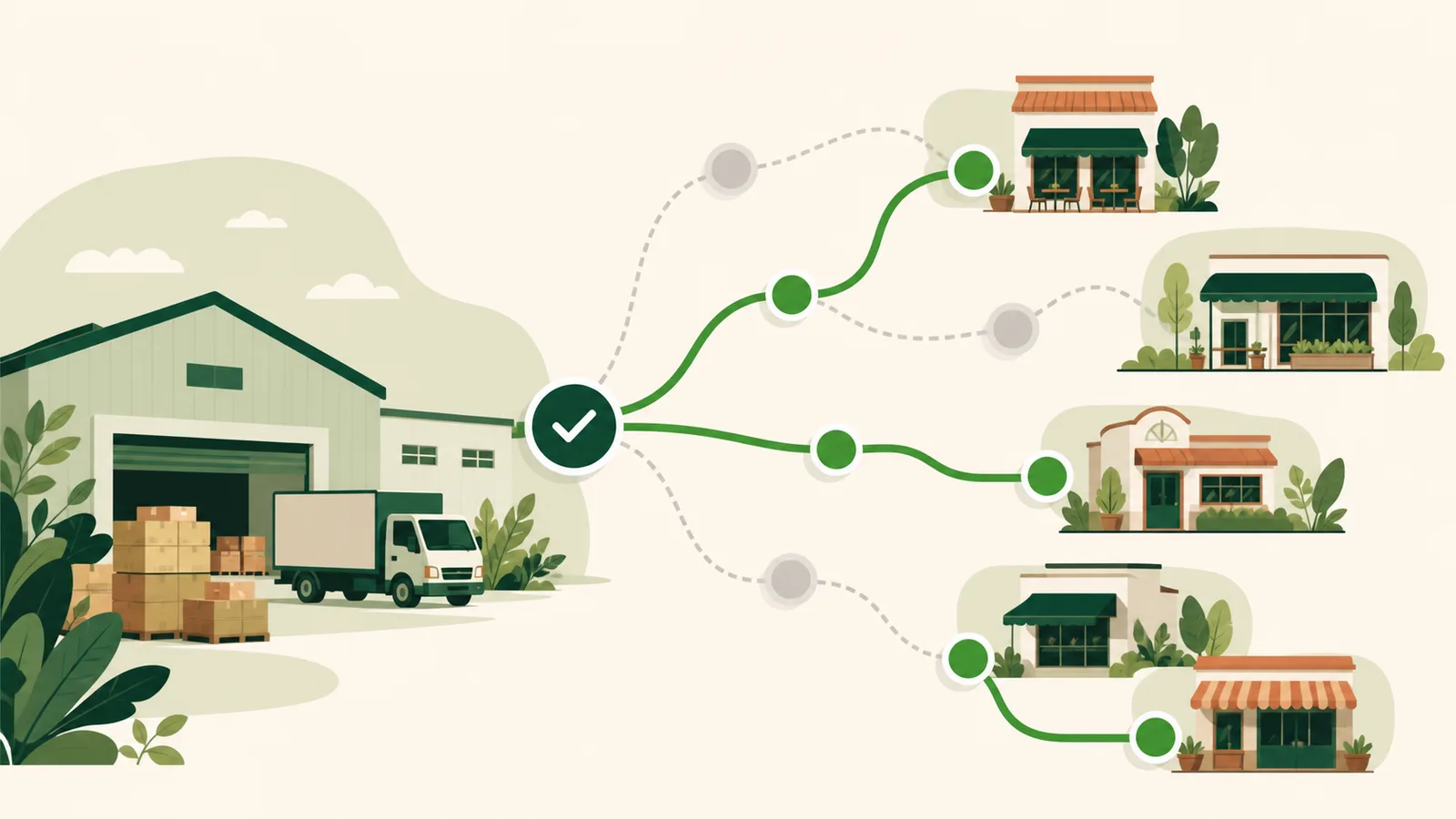 Ilustração editorial de uma distribuidora reconectando sua carteira a diferentes restaurantes.