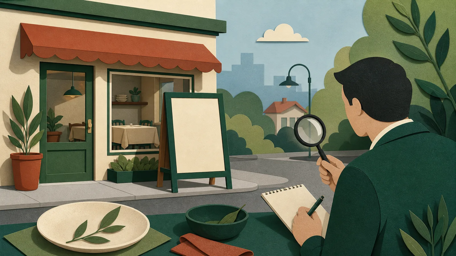 Ilustração editorial de uma pessoa observando um cardápio em branco diante de um restaurante fictício sem identificação.