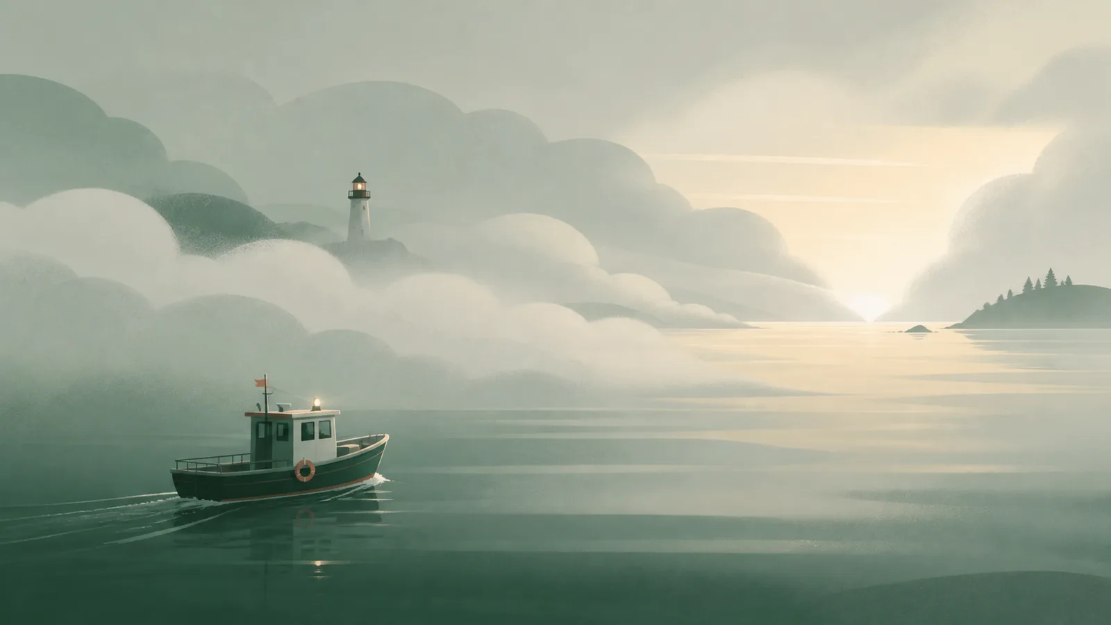 Ilustração editorial de uma embarcação navegando pelo nevoeiro em direção à luz e a um farol.